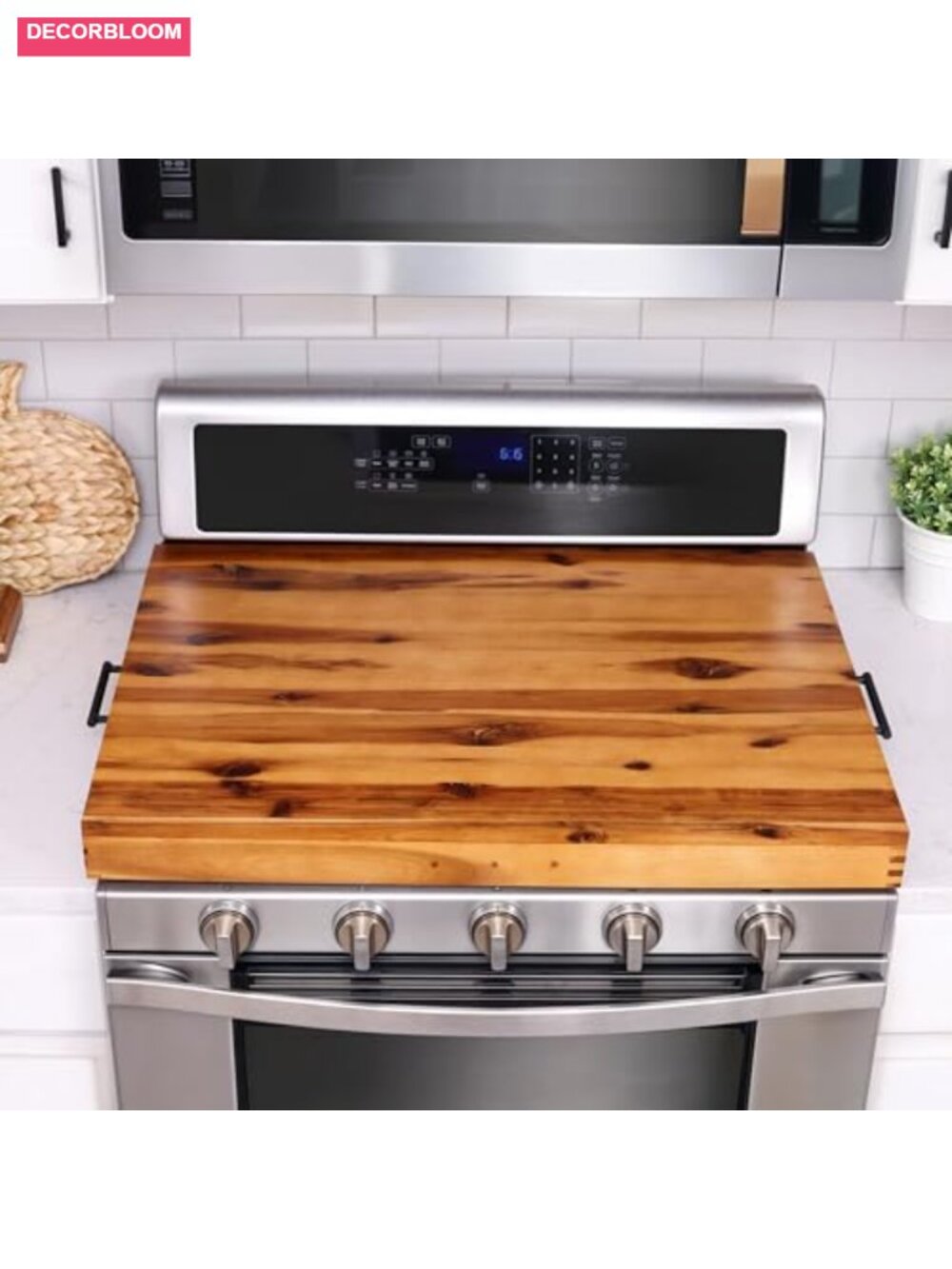 Acacia Wood Stove Top Cover Electric Stove Noodle Board 30x22 Metal Handles